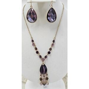 Amethyst Purple Teardrop Necklace & Earring Set - Gold Tone Fashion Jewelry